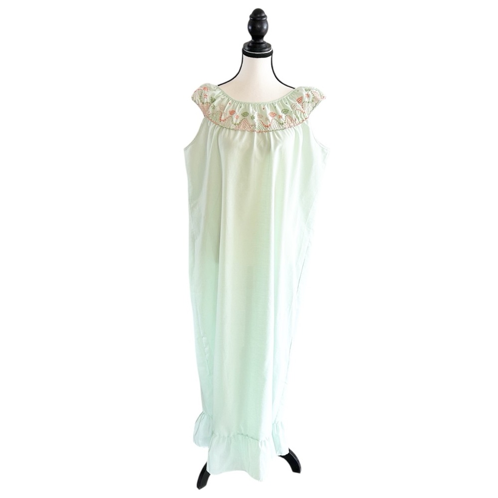 Vintage Handcrafted Mint Green Sleeveless Nightgown with Embroidered Ruffle Yoke